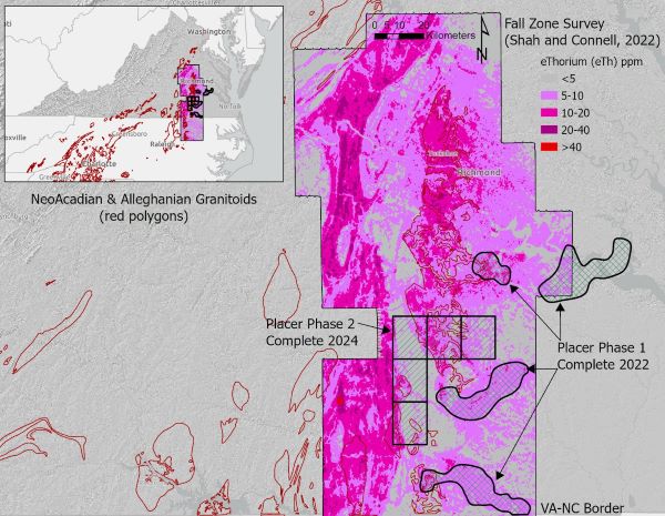 最近完成的地球磁共振成像 (MRI) 工作（砂金阶段1和2 ）、地球物理勘测足迹（Shah 和 Connell， 2022 ）以及正在进行的花岗岩类风化层中稀土元素表征的重点领域